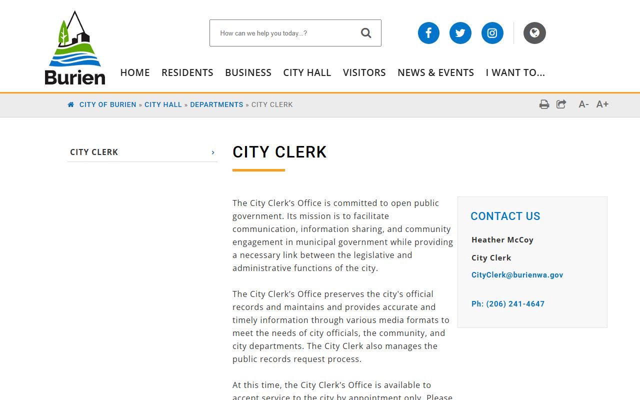 City of Burien City Clerk public records office for Burien divorce records