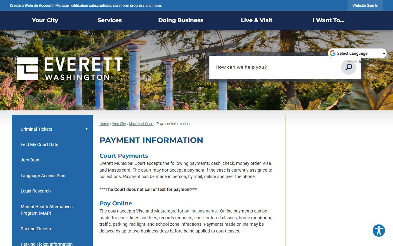 Everett Municipal Court payment information for fines and fees