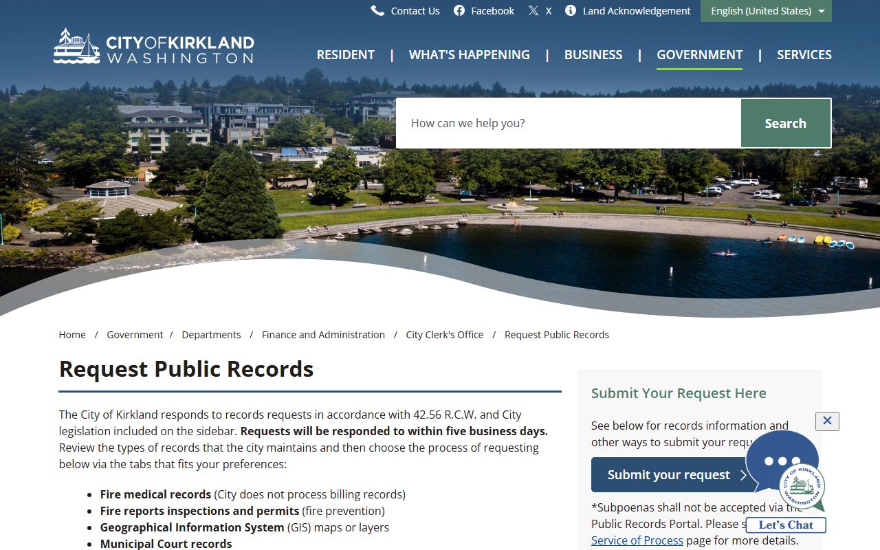 City of Kirkland public records request portal for Kirkland records searches