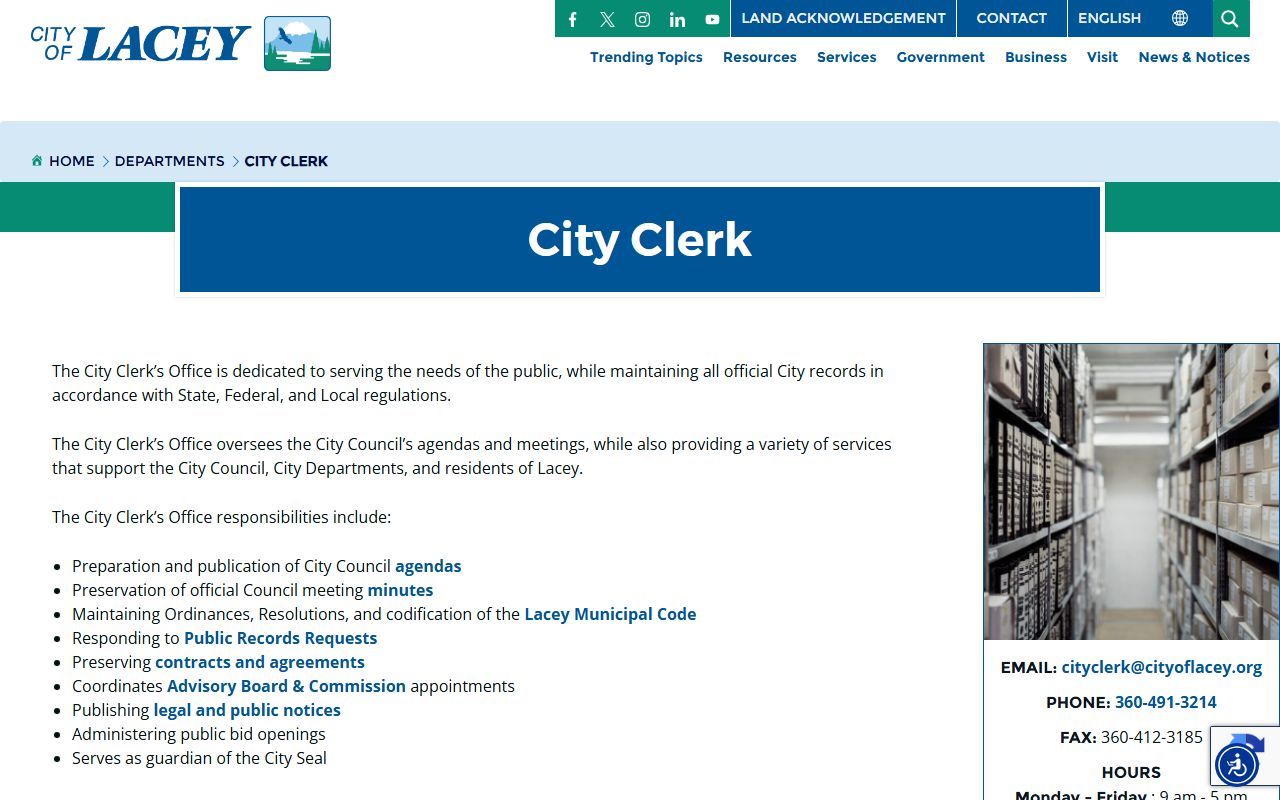 City of Lacey City Clerk office information for Lacey public records