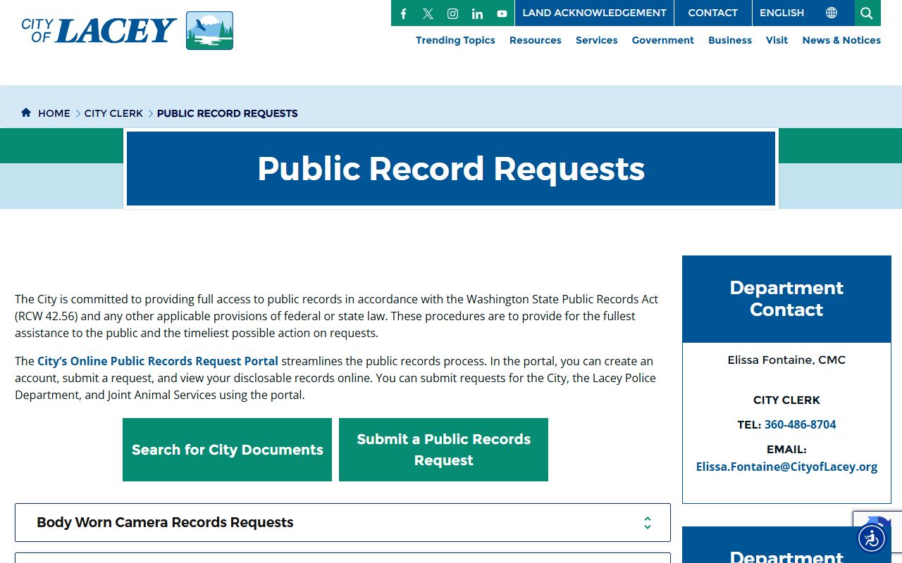 City of Lacey public records requests portal for Lacey city records