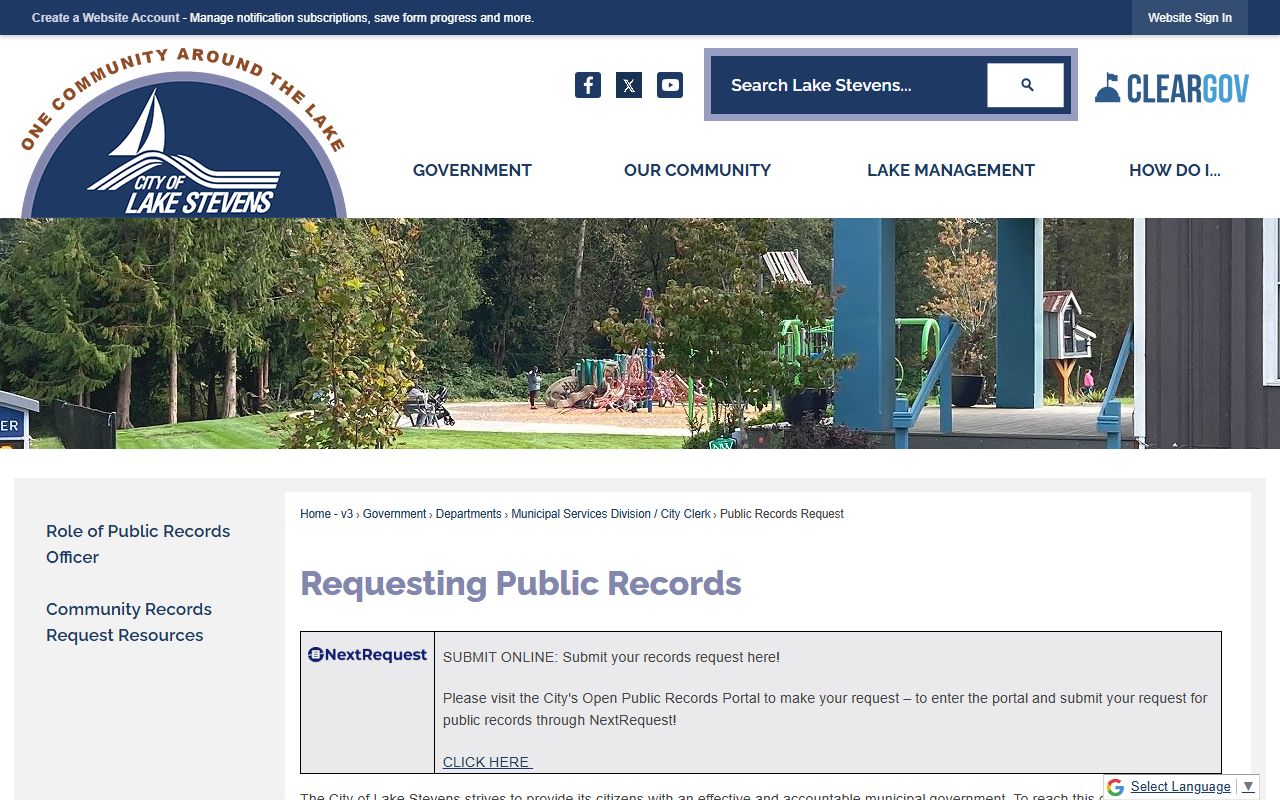 City of Lake Stevens public records request portal for Lake Stevens city records
