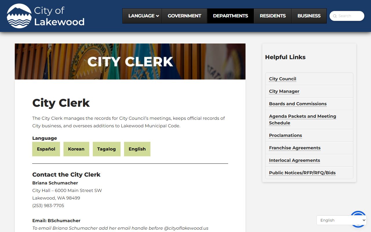 City of Lakewood City Clerk office for public records
