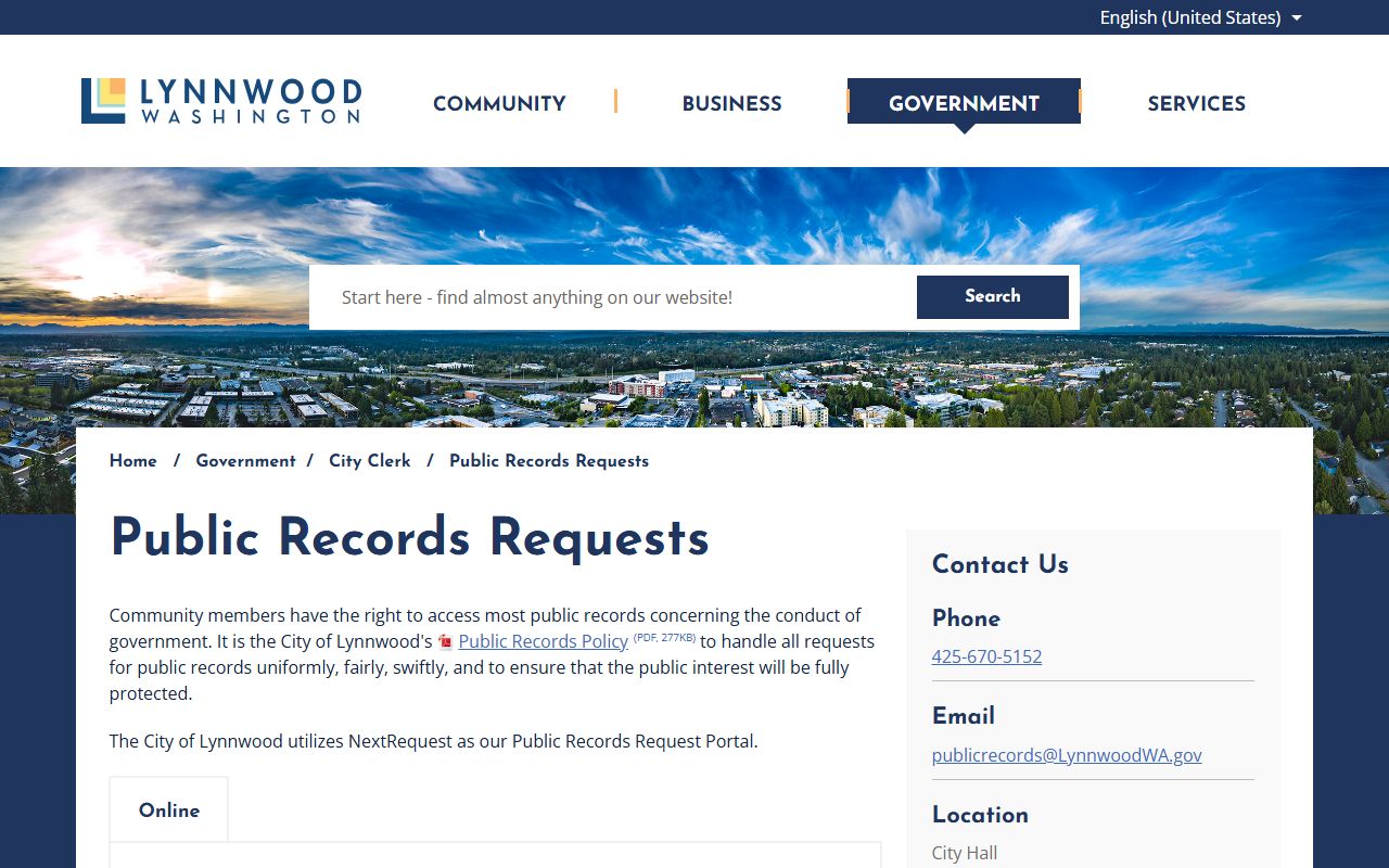 City of Lynnwood public records request portal using GovQA