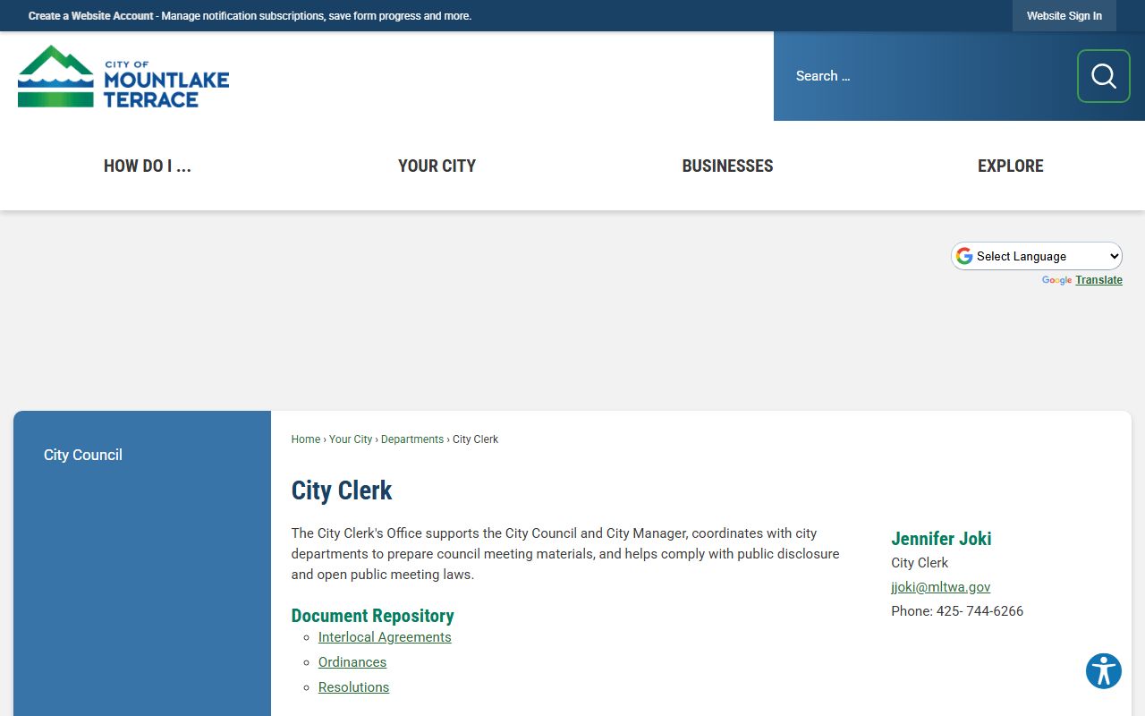 Mountlake Terrace City Clerk office for public records requests