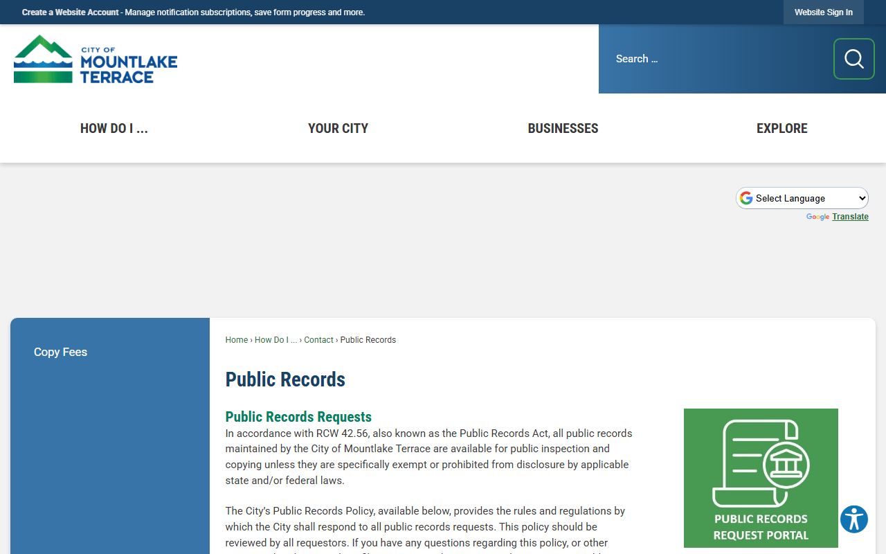 Mountlake Terrace Public Records page for city document requests