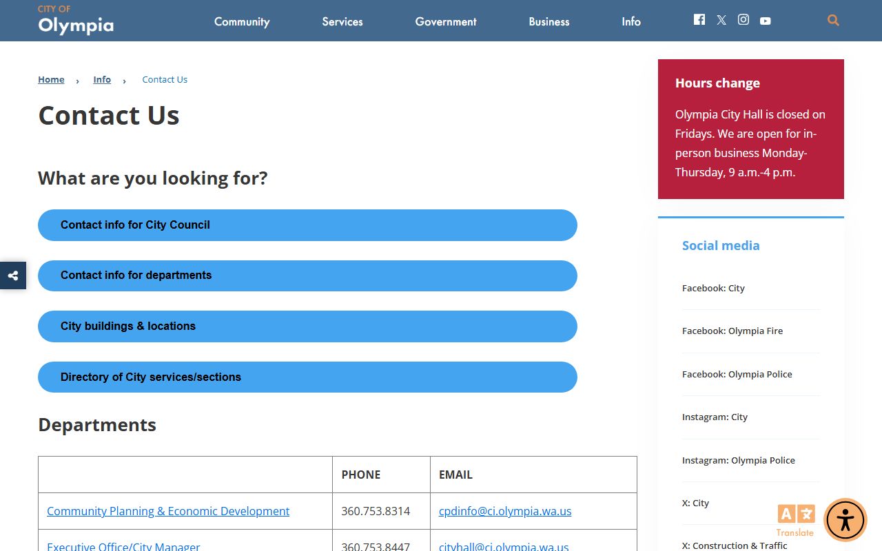 City of Olympia government page listing departments and contact information