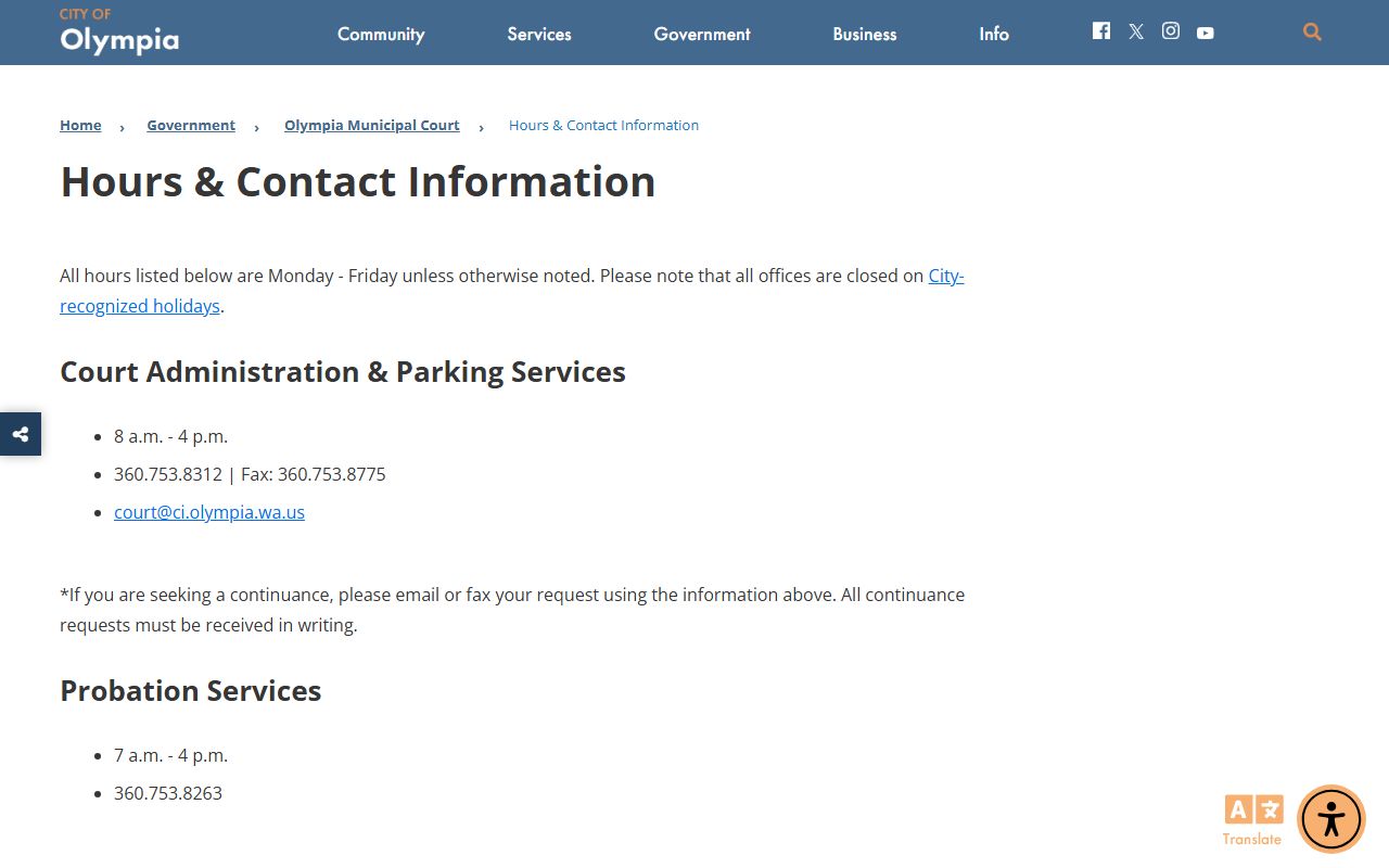 Olympia Municipal Court contact information page for legacy cases