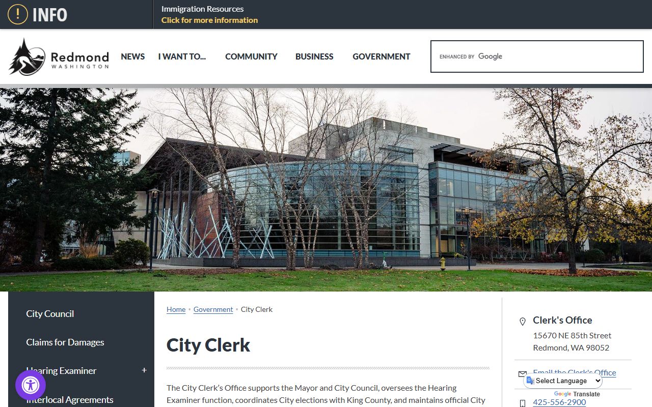 Redmond City Clerk office page for divorce records reference