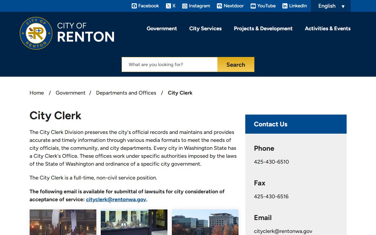 Renton City Clerk office for public records reference