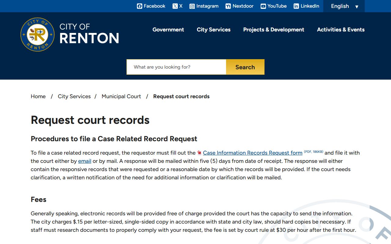 Renton Municipal Court records request page for court record information