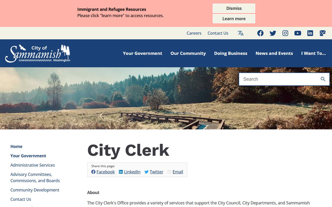 Sammamish City Clerk office page for divorce records reference