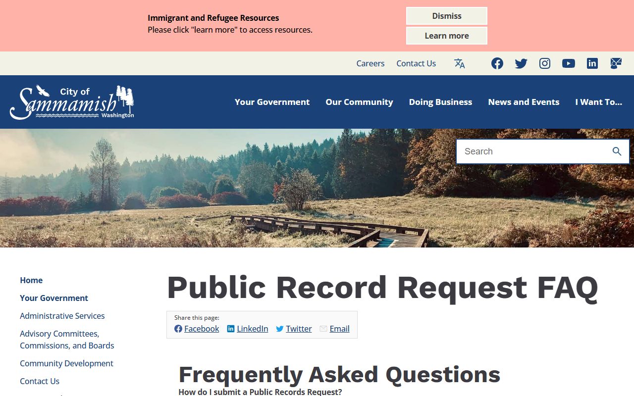 Sammamish Public Records Request FAQs page for records reference