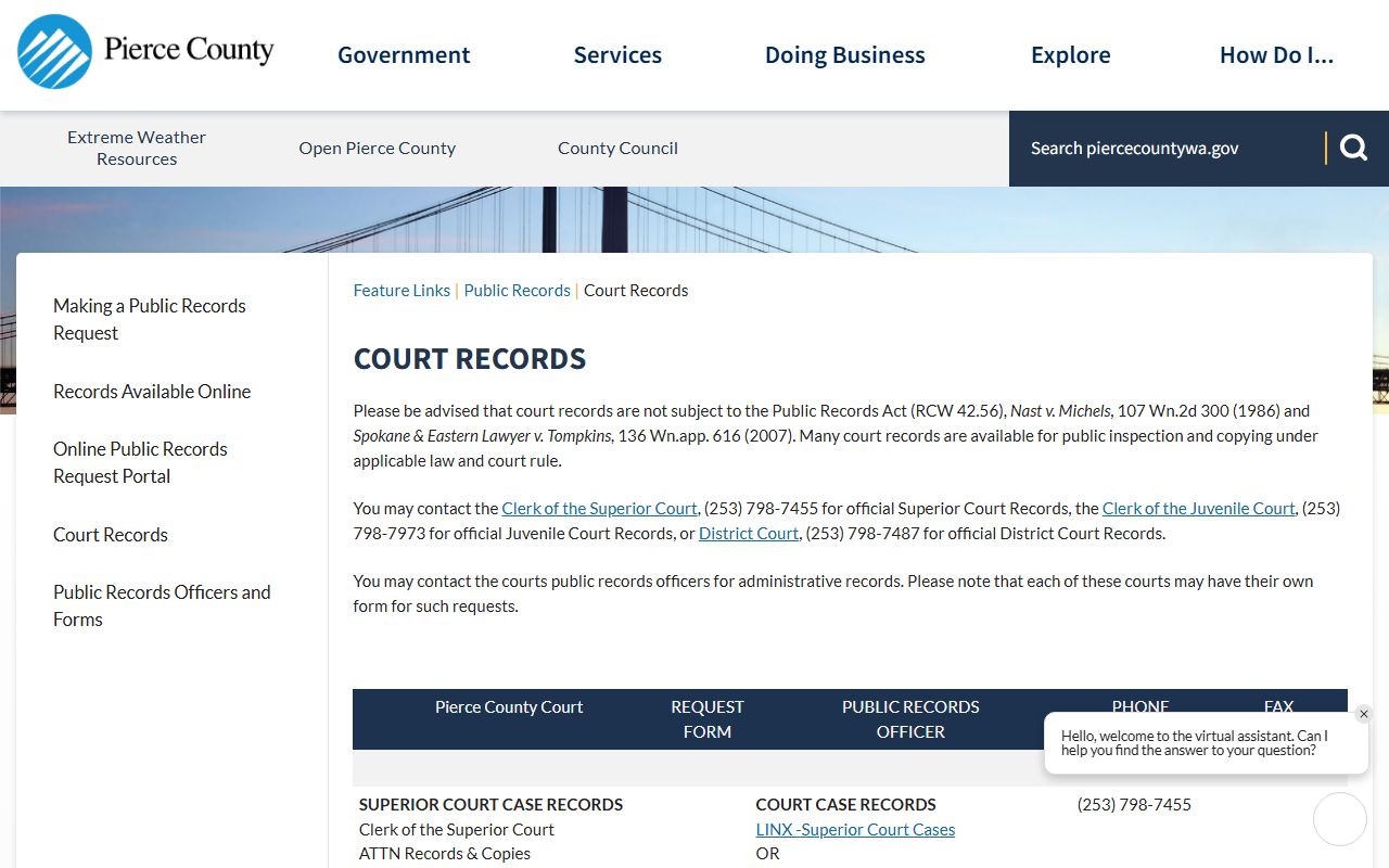 Pierce County Superior Court main page for South Hill divorce case filings