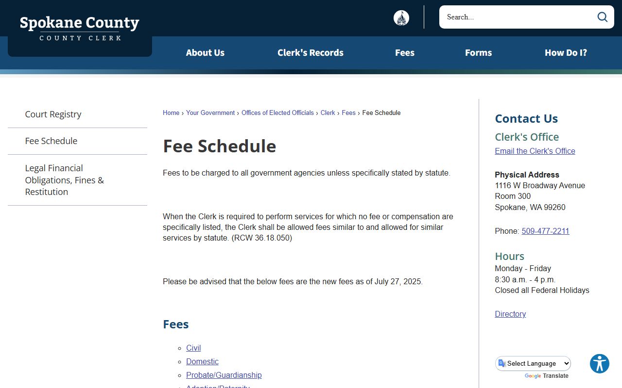 Spokane County Clerk fee schedule for Spokane Valley divorce filings and record copies