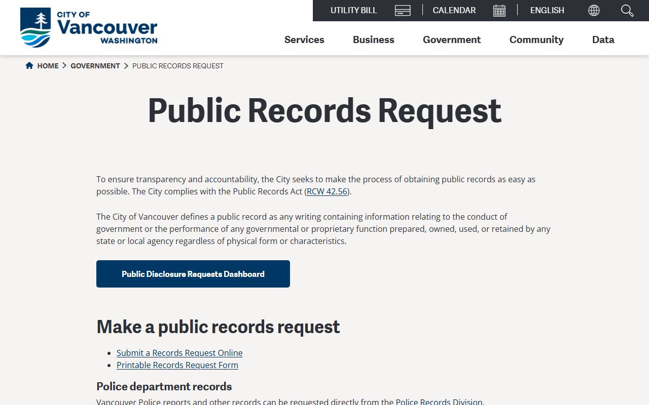City of Vancouver public records request page - court records at Clark County Clerk