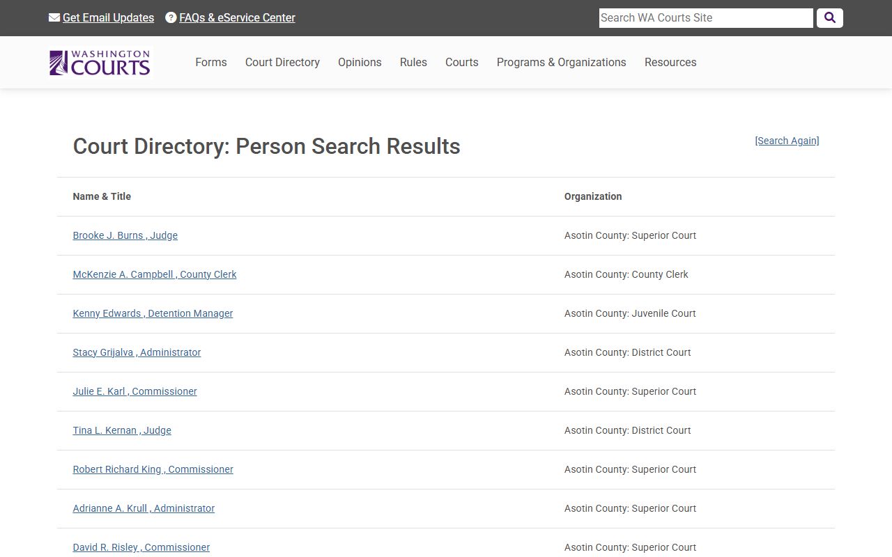 Washington State Courts Asotin County court directory for dissolution records