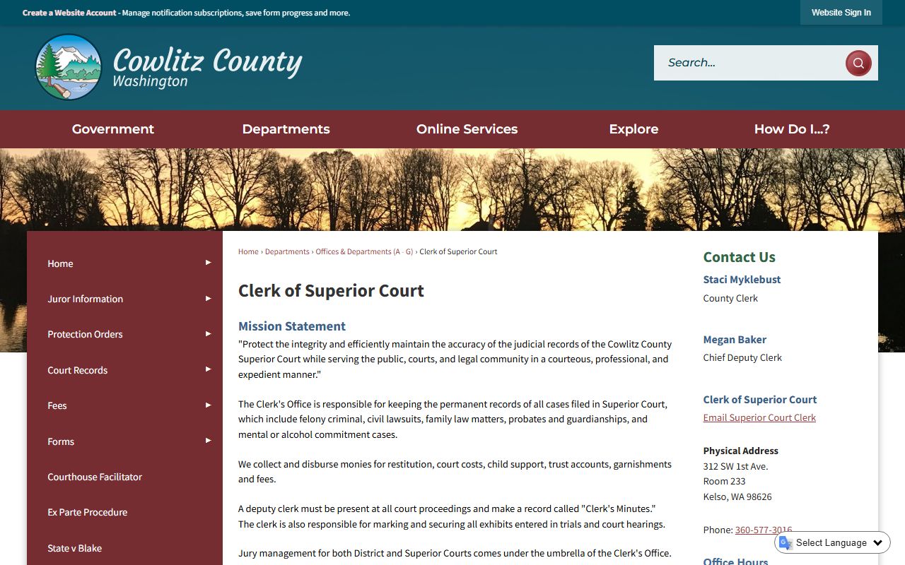 Cowlitz County Clerk of Superior Court divorce records Kelso WA