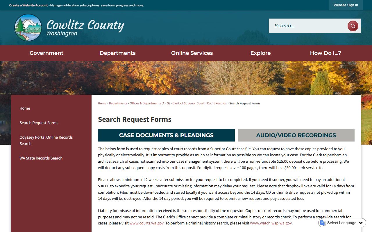 Cowlitz County Clerk search court records divorce filings