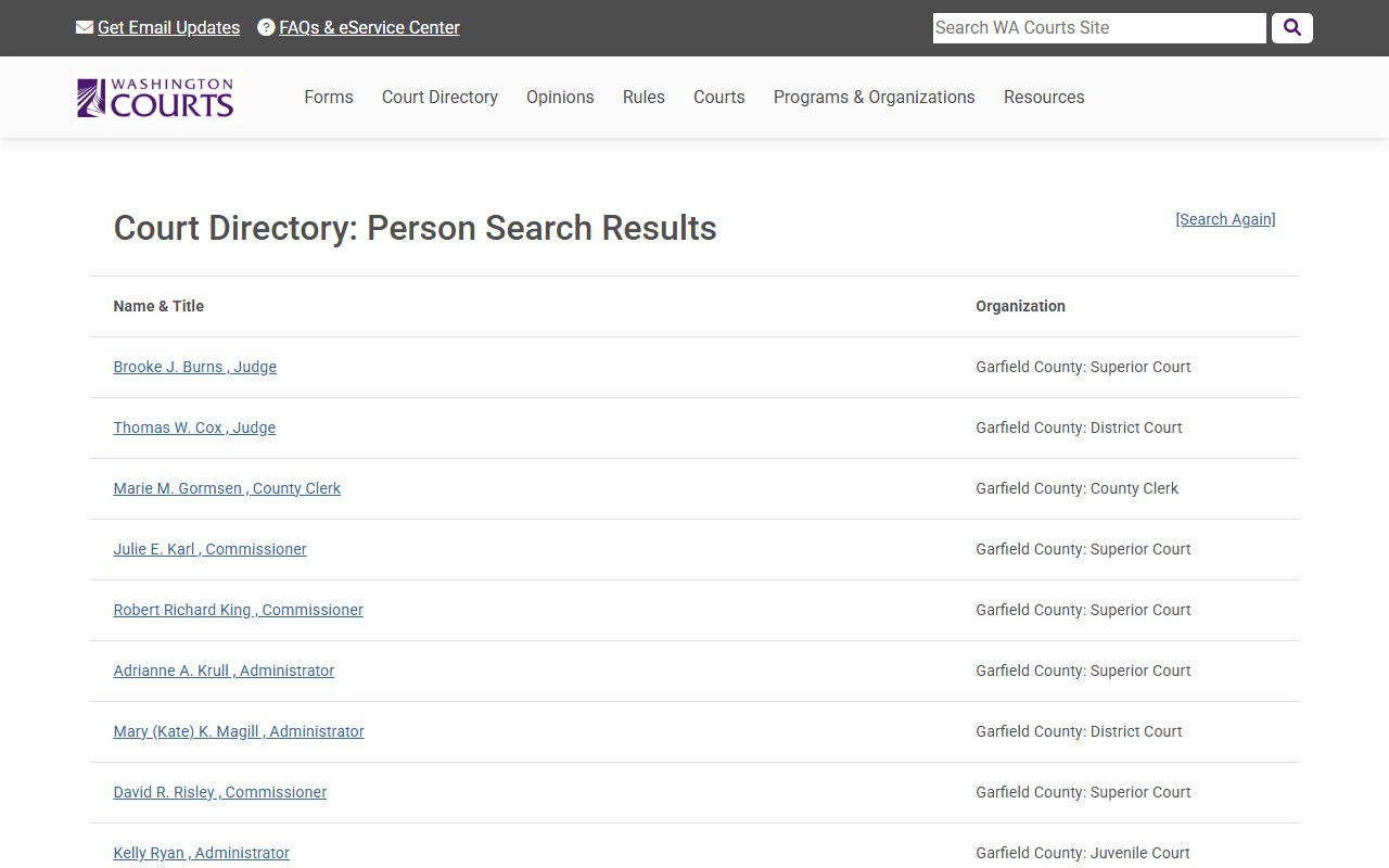 Washington State Courts Garfield County directory divorce records