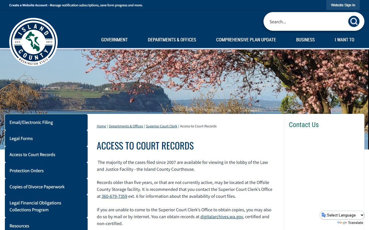 Island County Clerk access to court records for divorce filings
