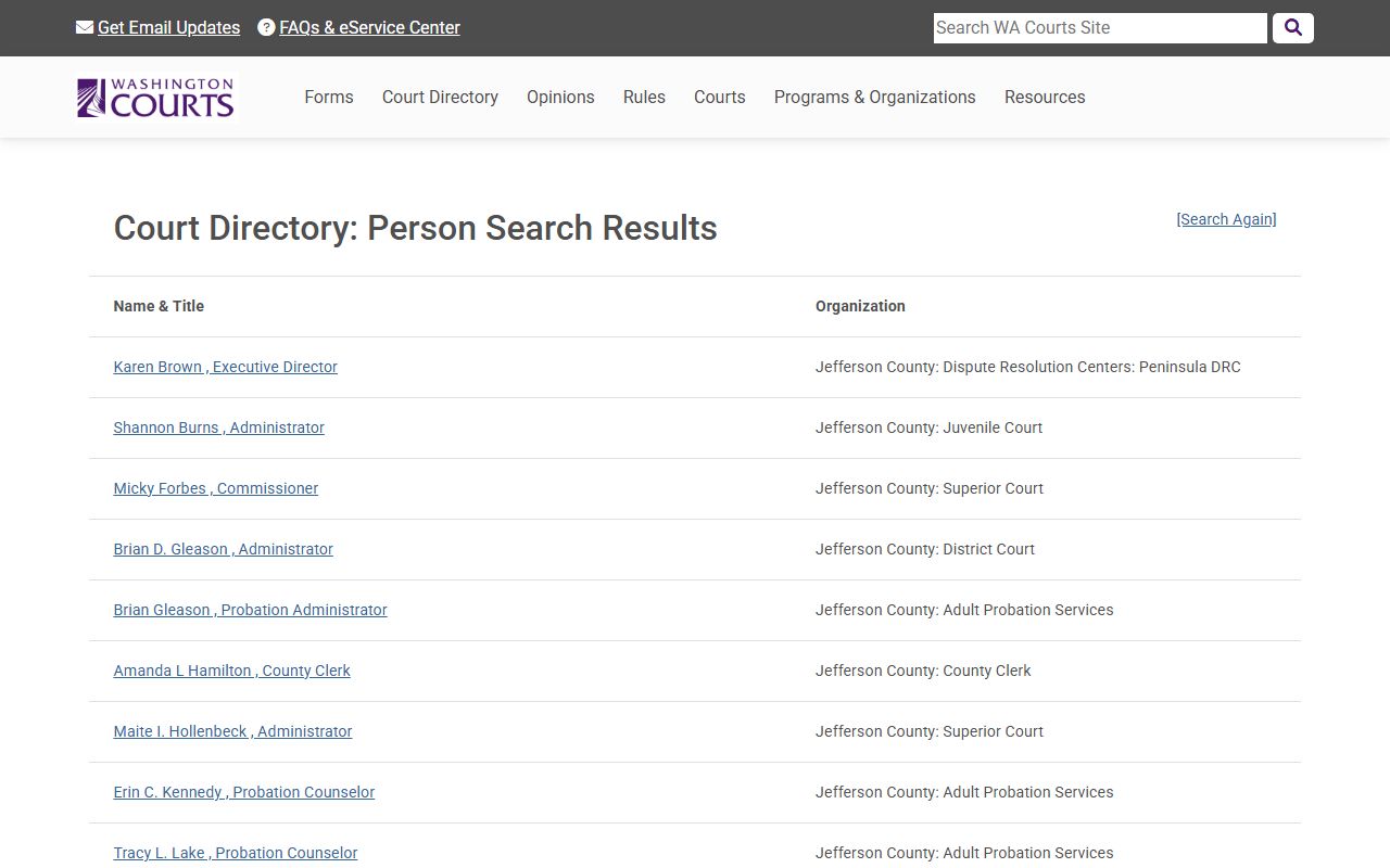 Washington State Courts directory for Jefferson County divorce records