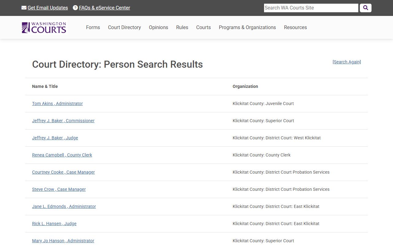 Washington State Courts Kittitas County directory for divorce records