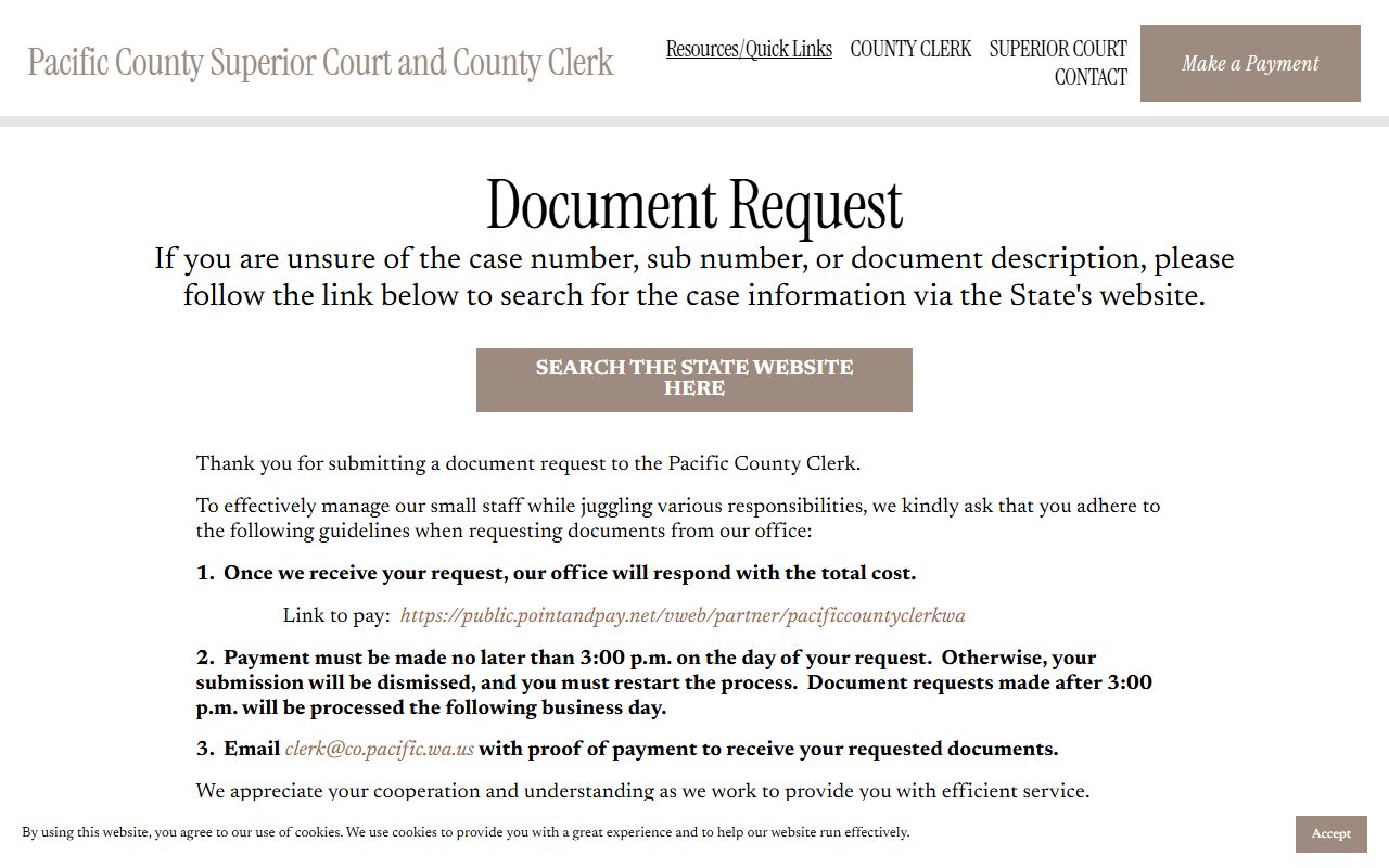 Pacific County Clerk document records page for divorce case requests