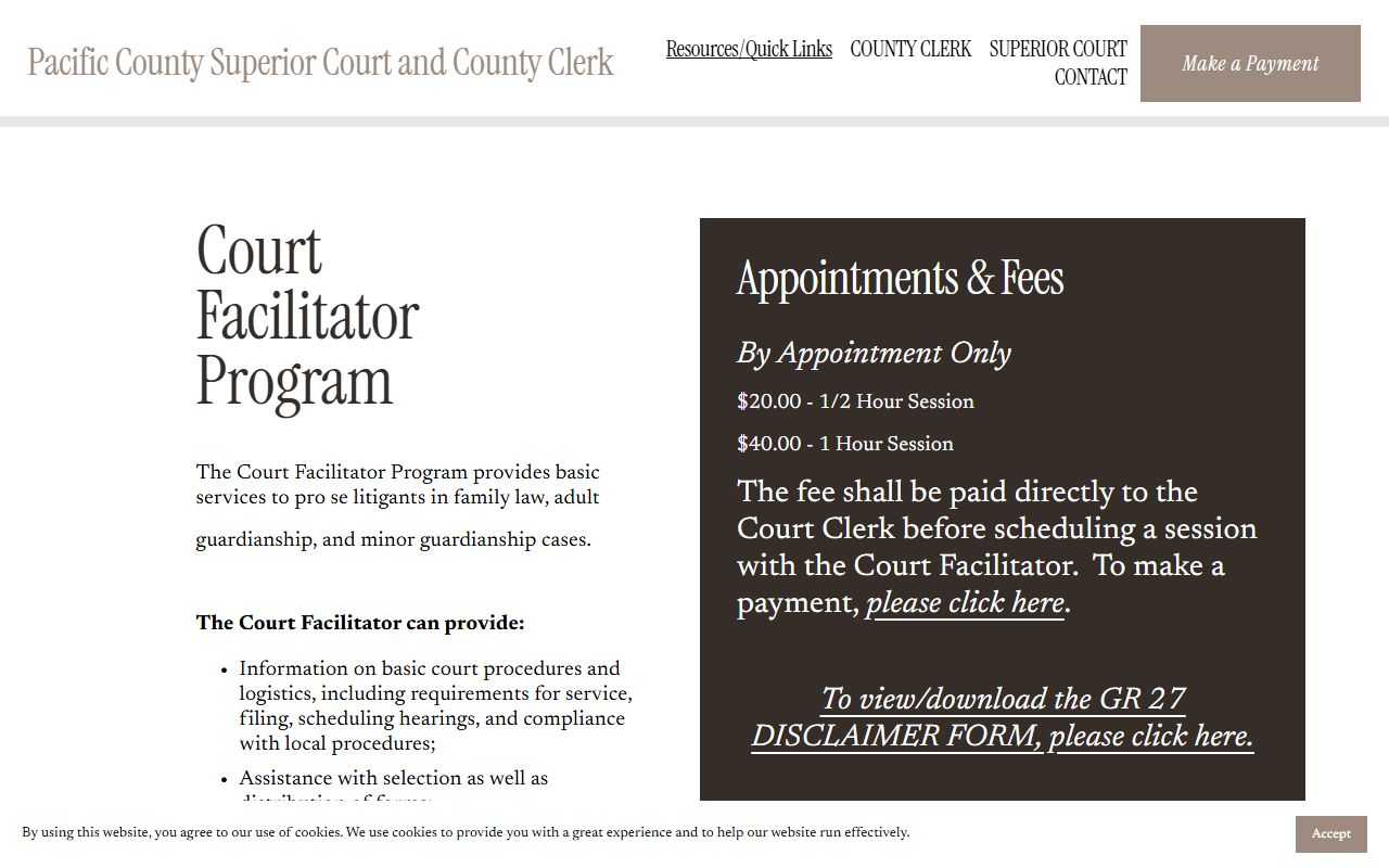 Pacific County Court Facilitator program for divorce and family law cases