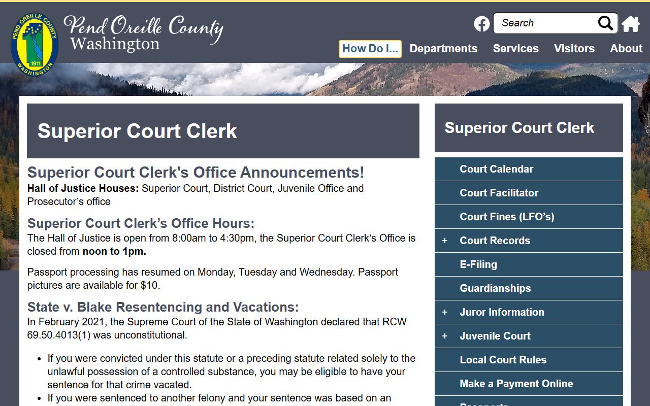 Pend Oreille County Superior Court Clerk office in Newport Washington for divorce records