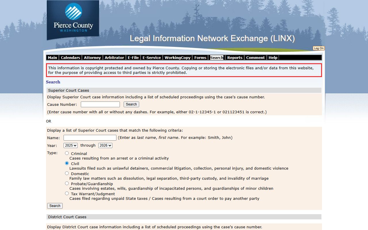 Pierce County LINX online search divorce records