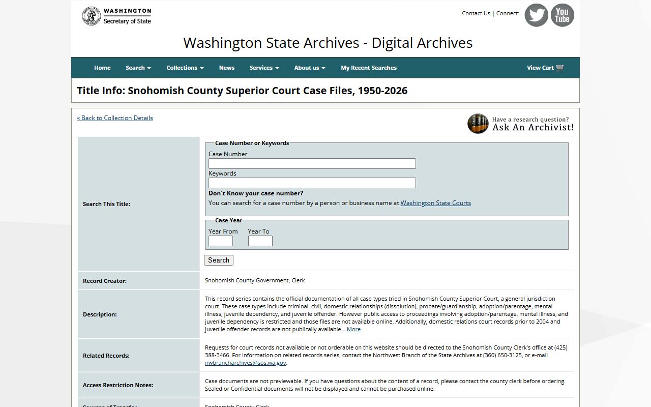 Washington State Digital Archives Snohomish County Superior Court case files divorce