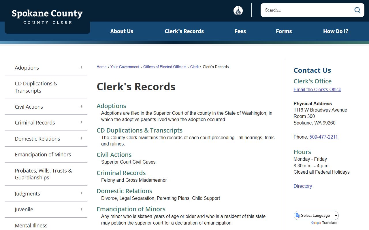 Spokane County Government Clerks Records page for divorce records
