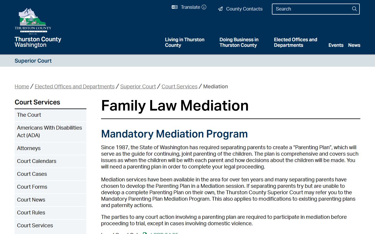 Thurston County Superior Court Family Law Mediation page