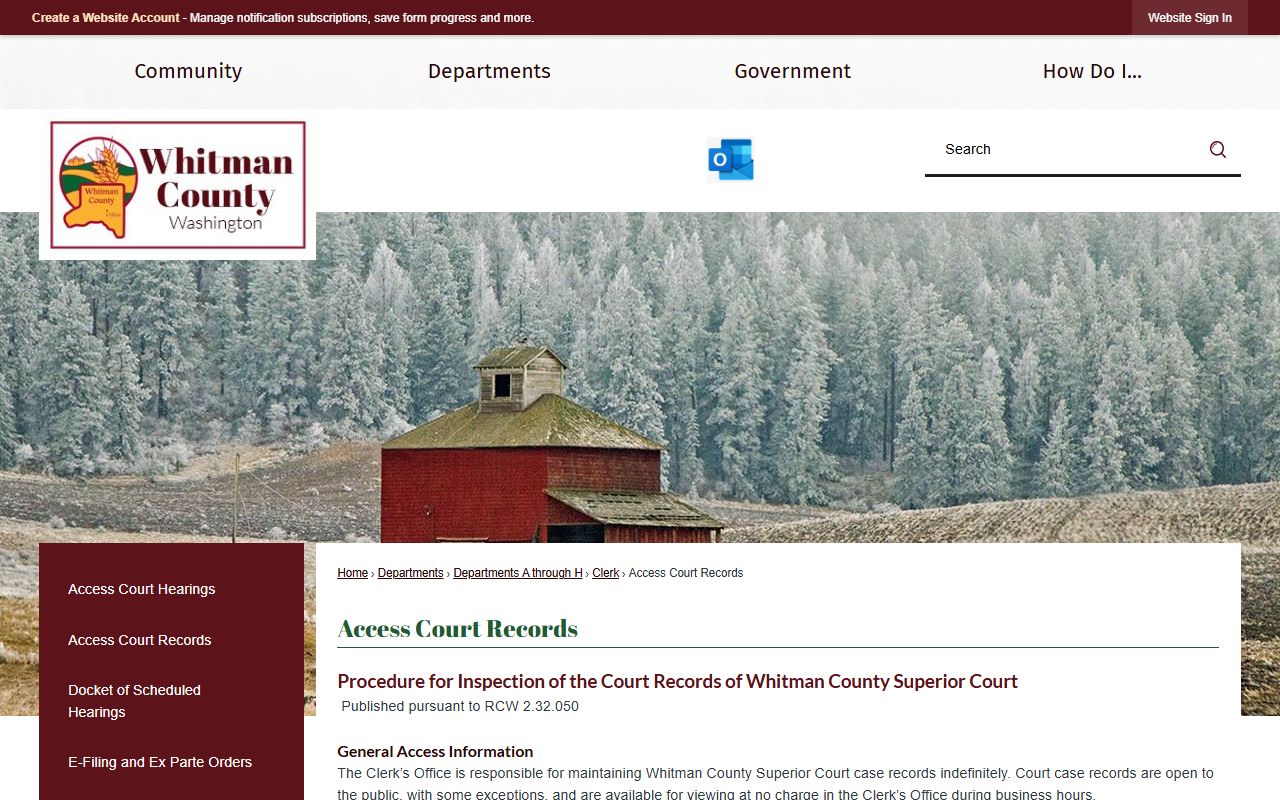 Whitman County Government Access to Court Records page for divorce records