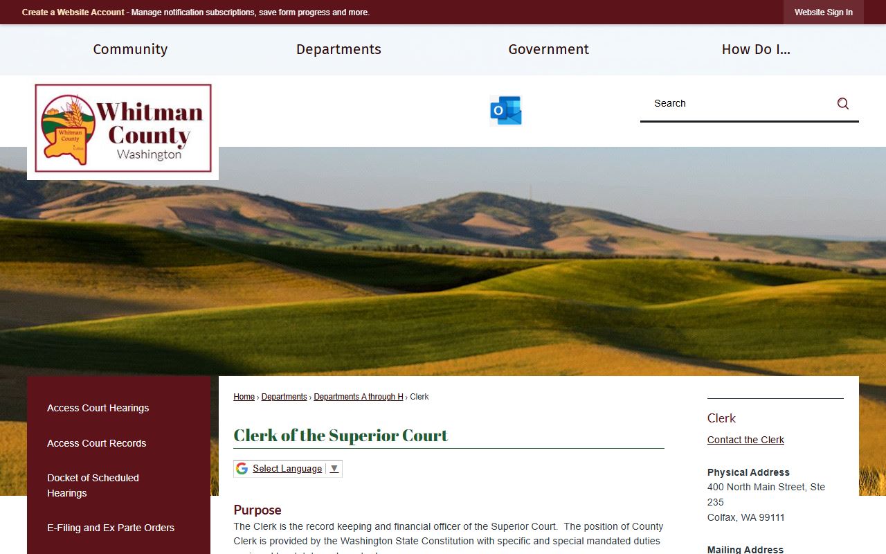 Whitman County Government County Clerk page for divorce records