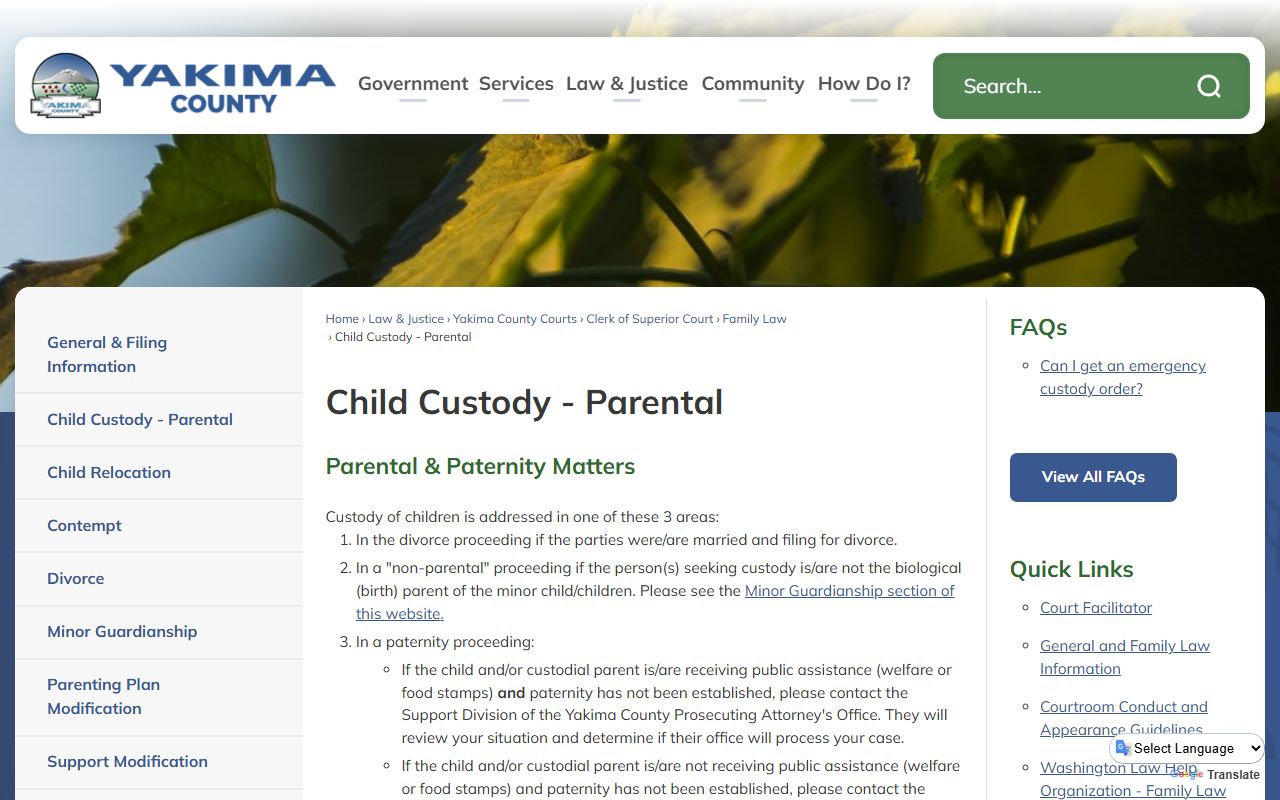 Yakima County Child Support page for divorce cases