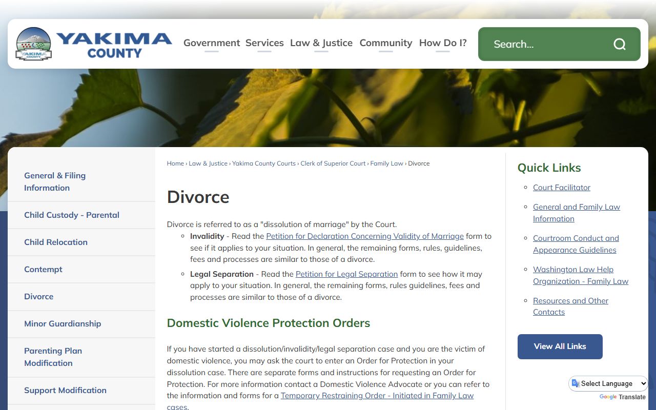 Yakima County Government Divorce Dissolution page