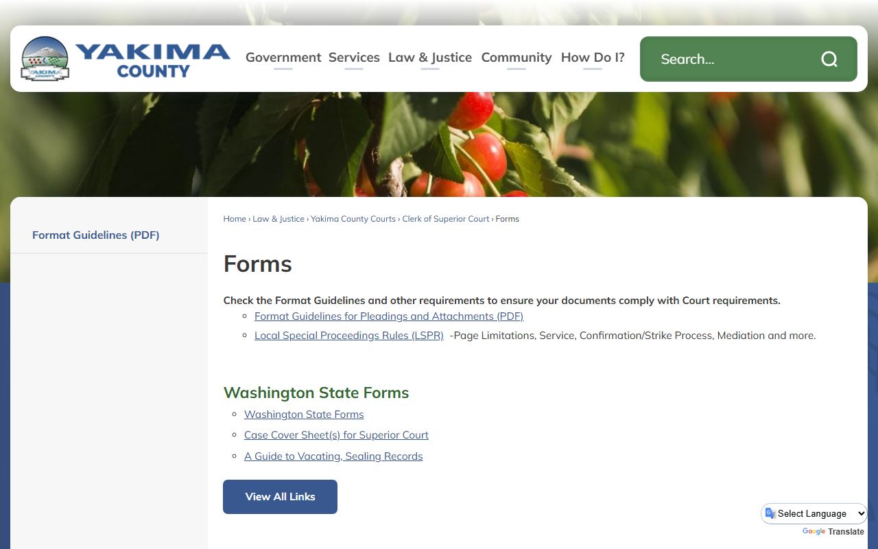 Yakima County Superior Court Forms page for divorce records