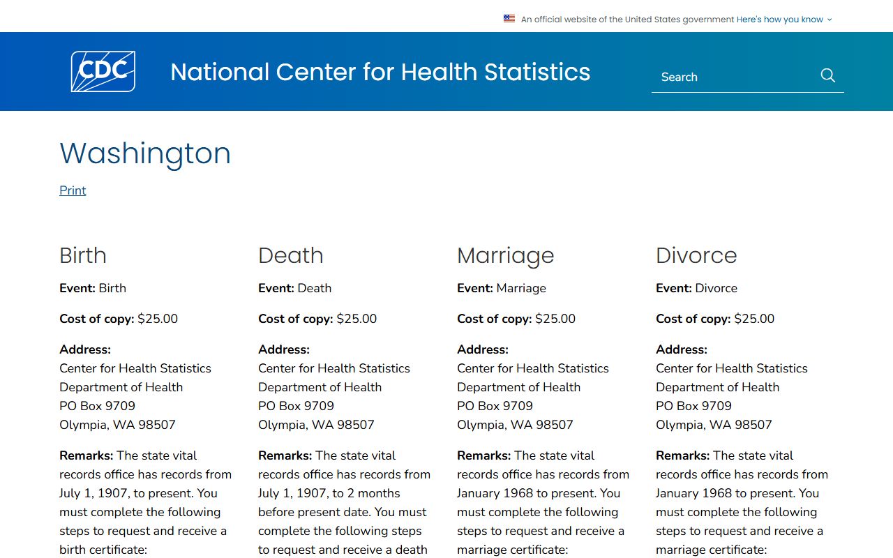CDC where to write for vital records Washington state divorce records information
