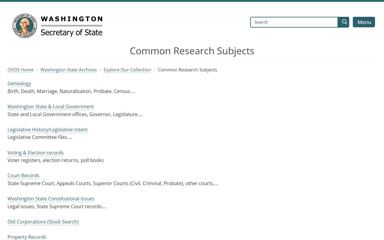 Washington State Archives common research subjects guide for divorce and vital records