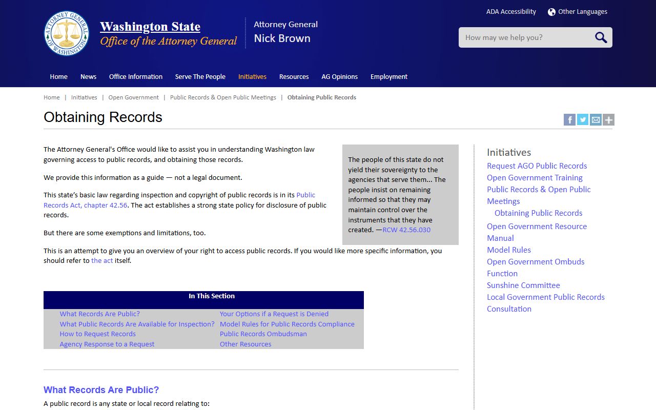 Washington State Attorney General public records act guide for obtaining divorce records