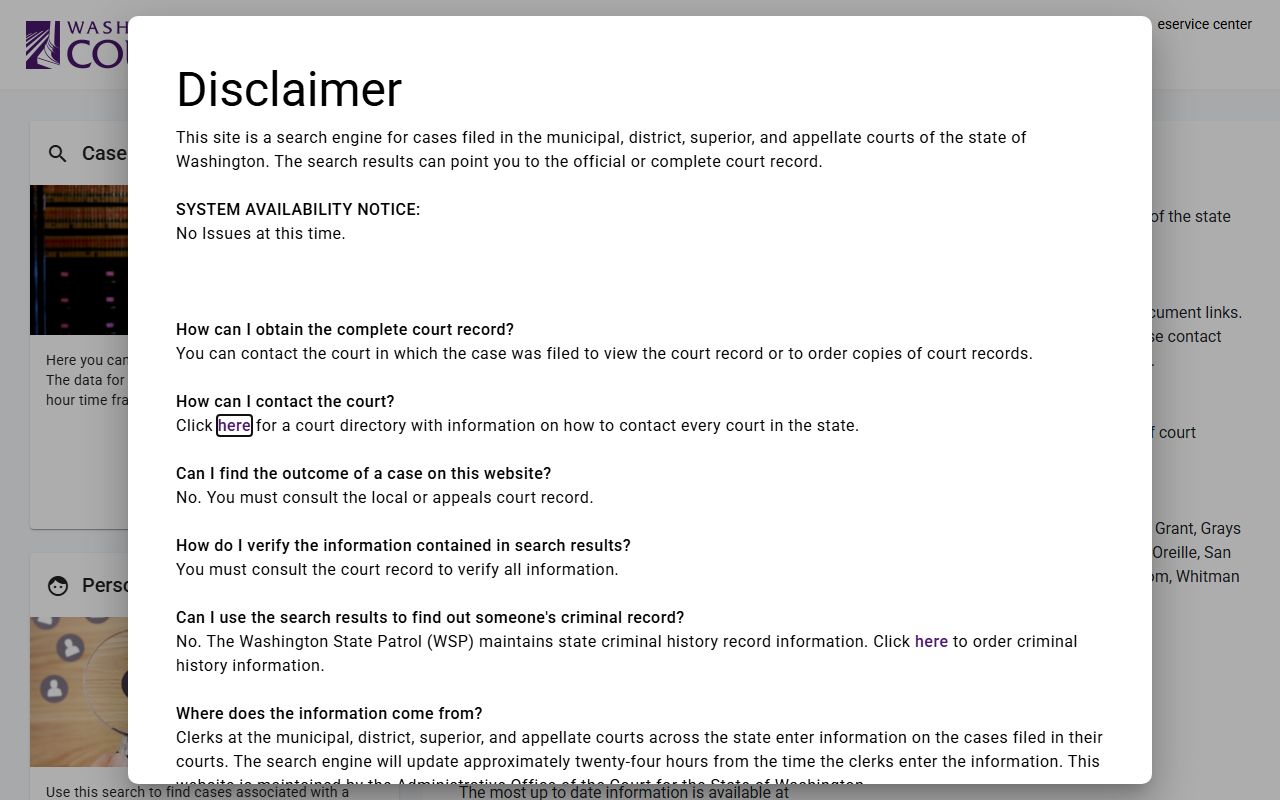 Washington State Courts case locator search tool for divorce records
