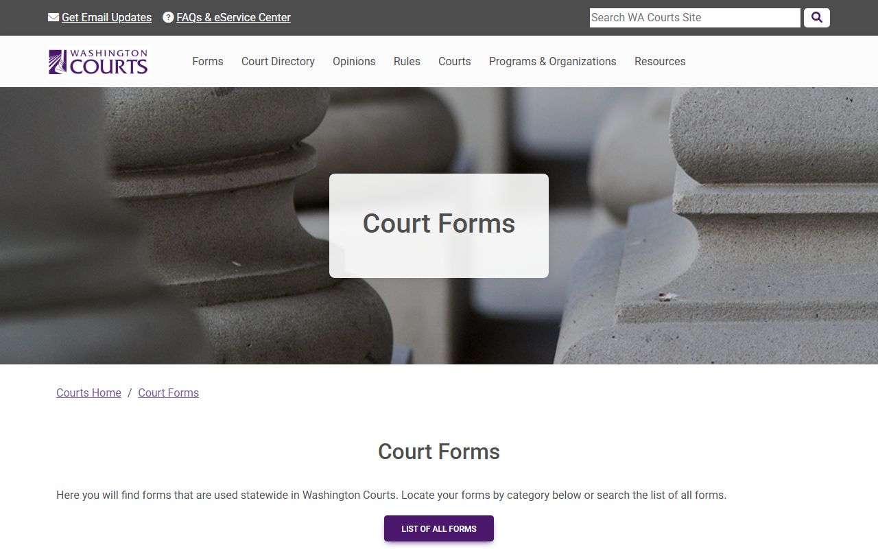 Washington State Courts court forms page for divorce and dissolution cases