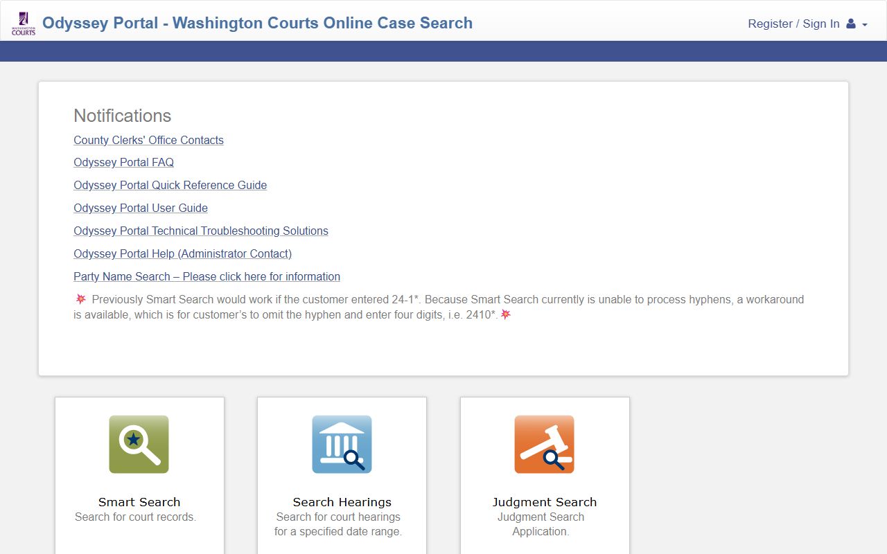 Washington Courts Odyssey Portal for accessing divorce case records online