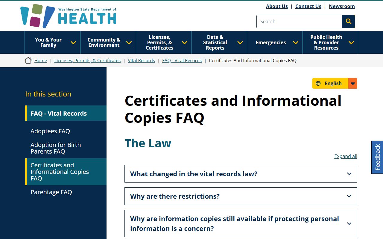 Washington State Department of Health vital records FAQ for divorce certificate requests