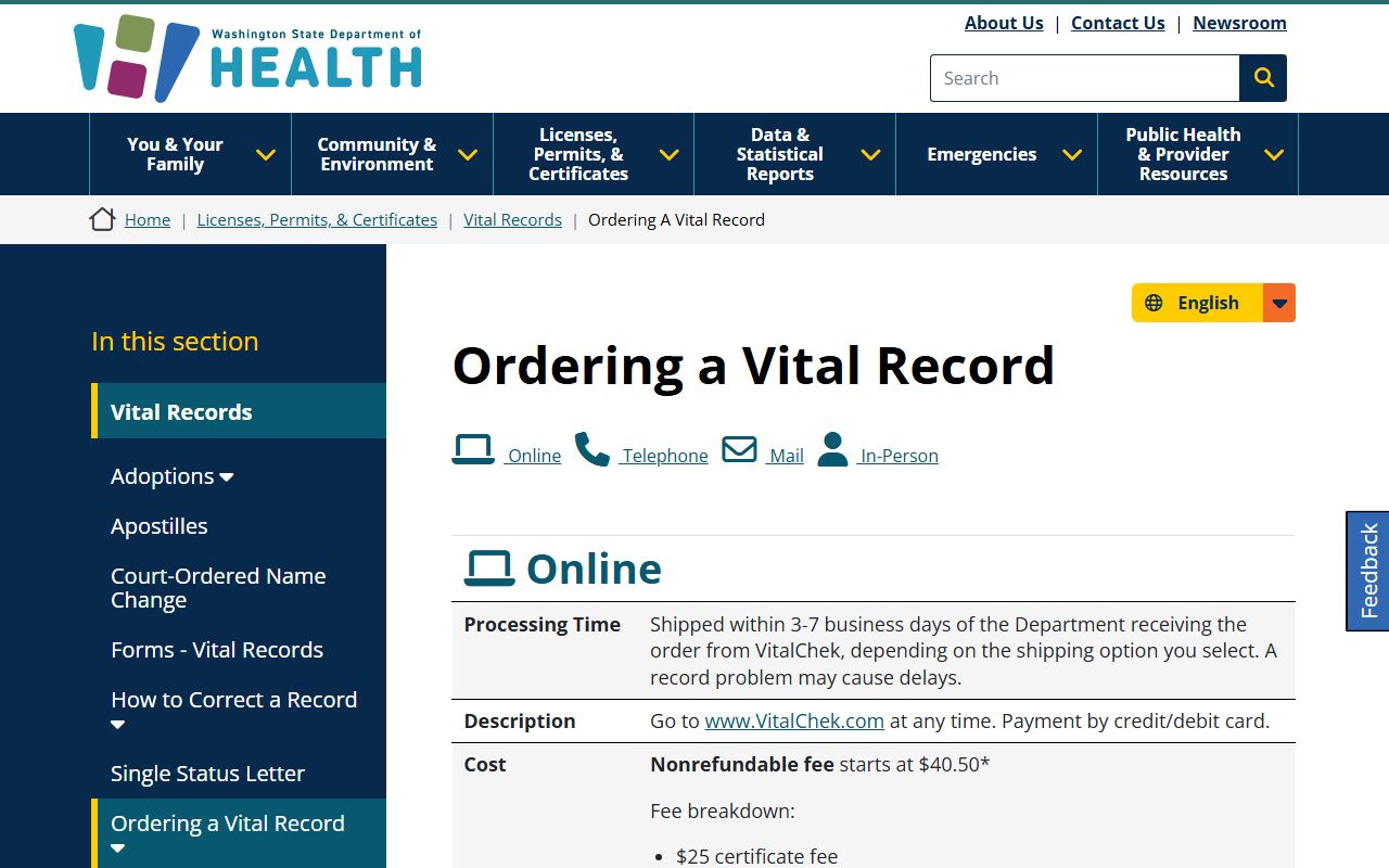Washington State Department of Health ordering a vital record divorce verification