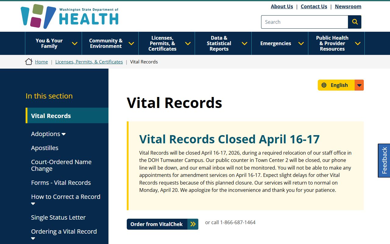 Washington divorce records Department of Health vital records portal