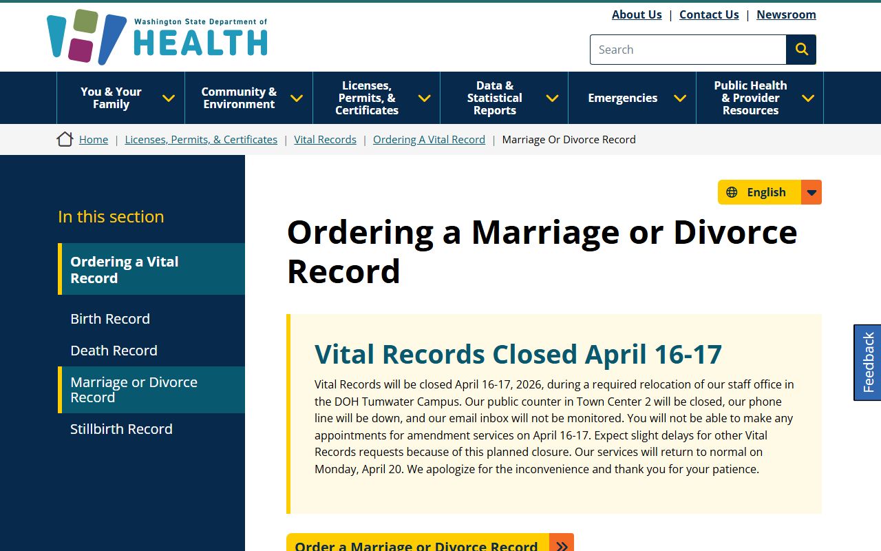 Washington State Department of Health ordering a divorce record page