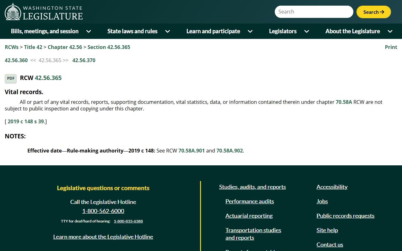 Washington State Legislature RCW 42.56.365 vital records public records exemption